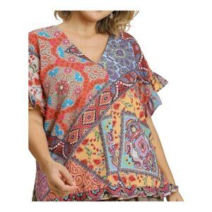 Umgee Mix Print Top Ruffled Short Sleeves XL Mango Mix V-Neck Boho Side Slits